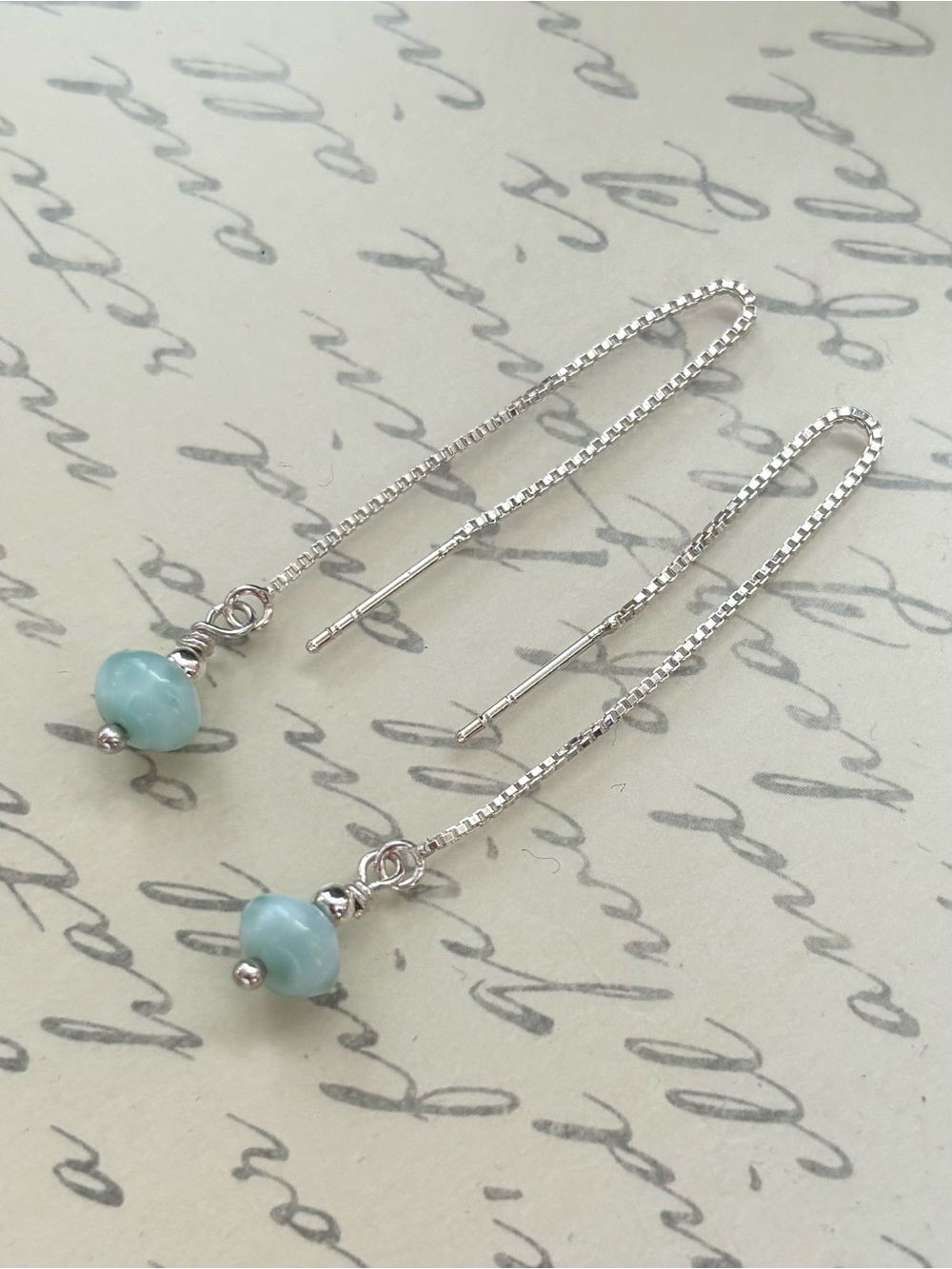 Sterling Silver Threader Earrings with Light Blue Larimar Gemstone Beads